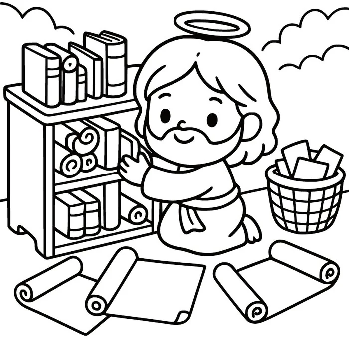 Little Jesus planting a seedling, coloring page